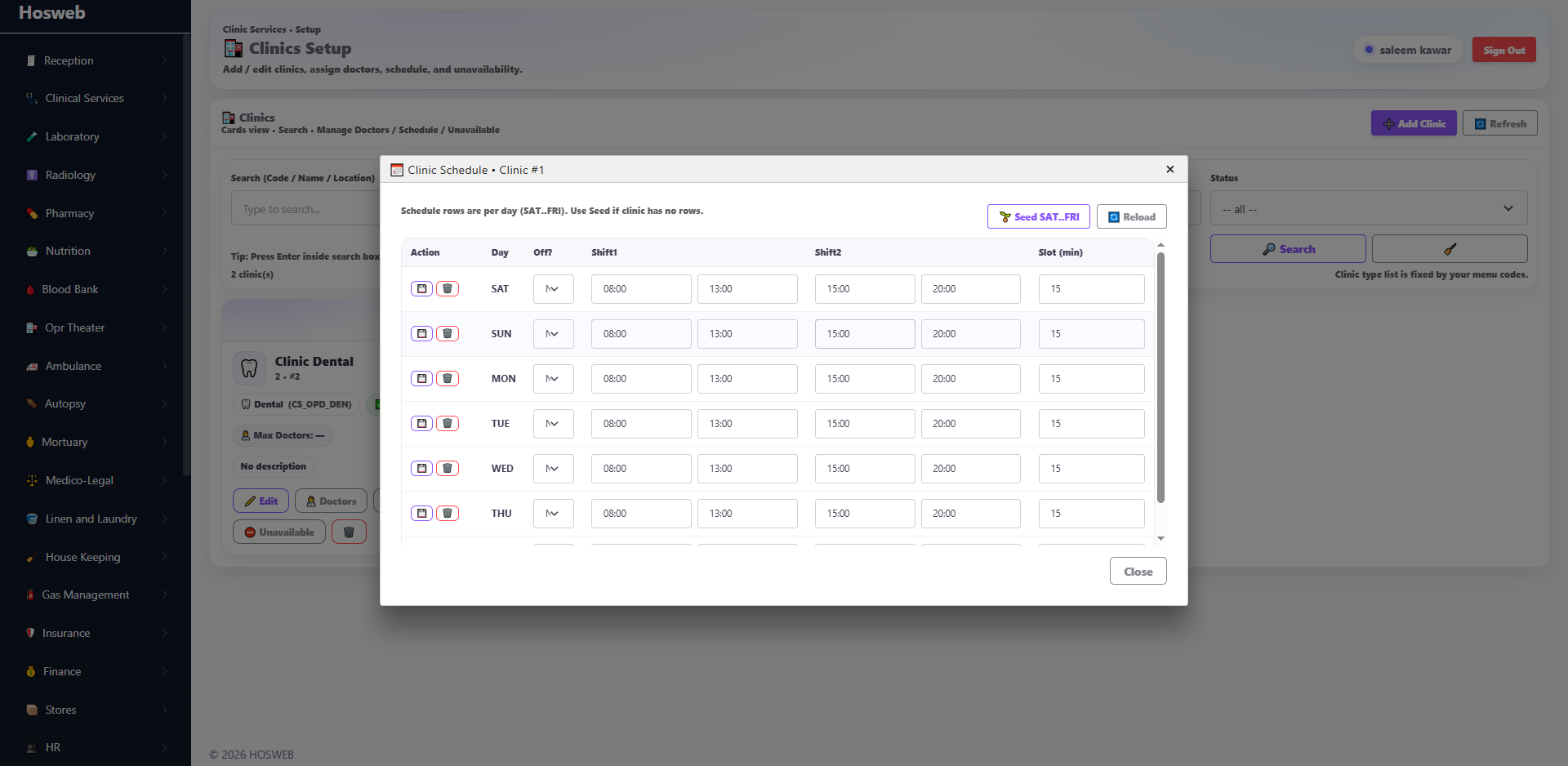 Hosweb Clinics Setup screen