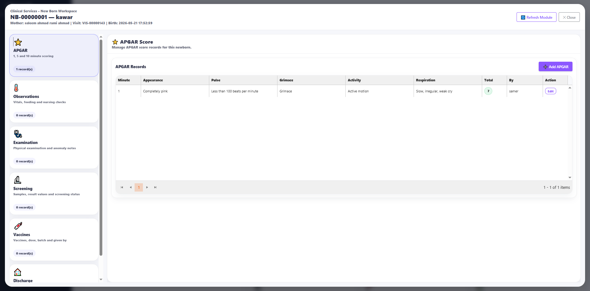 Hosweb Newborn Details screen