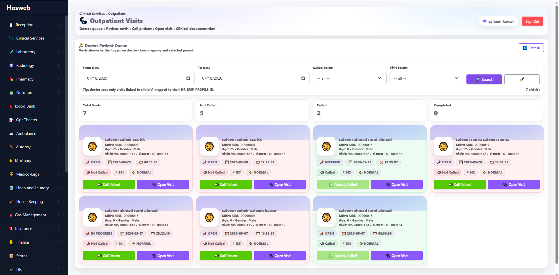Hosweb Outpatient Visits screen