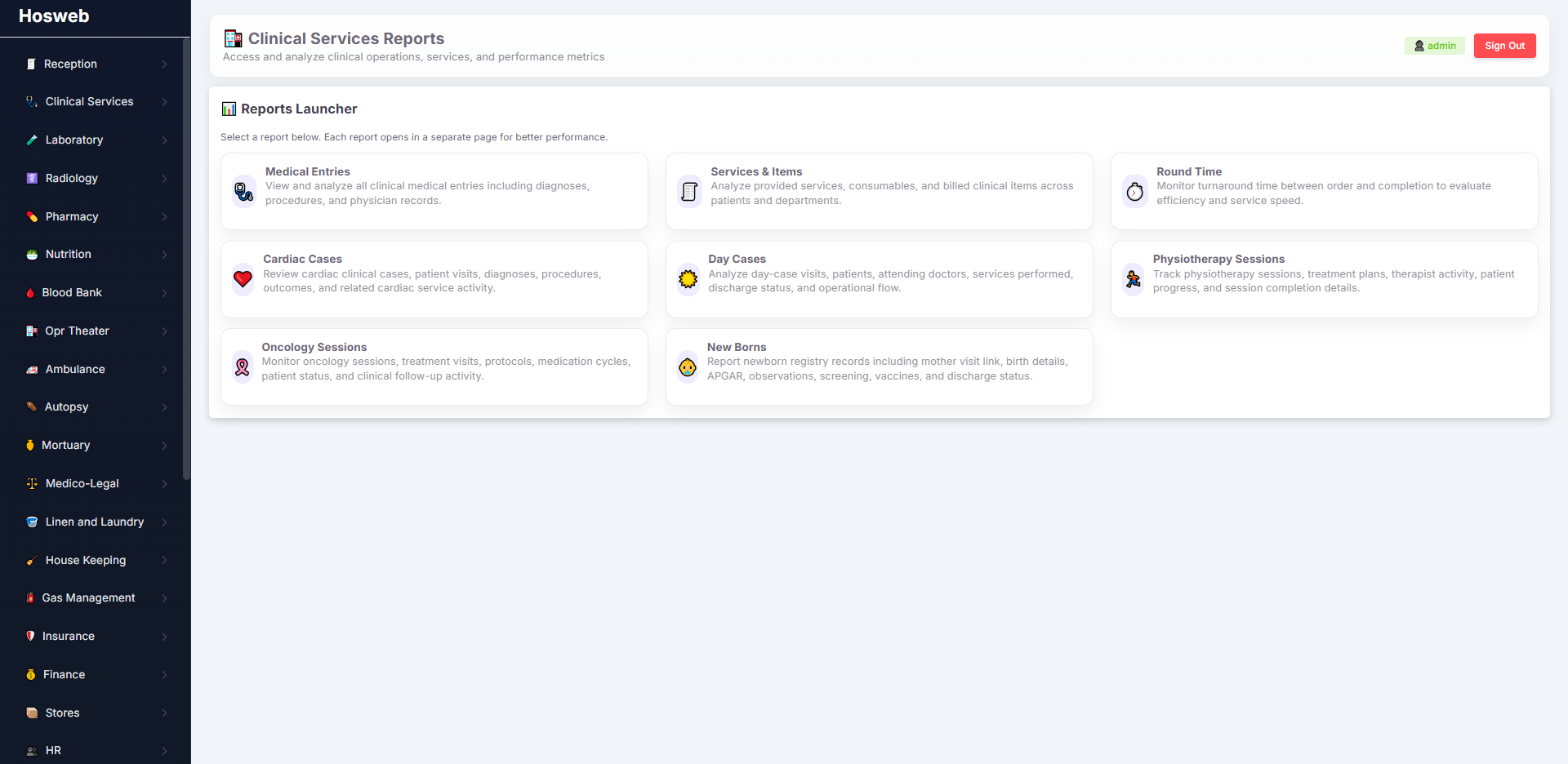 Hosweb Clinical Reports screen