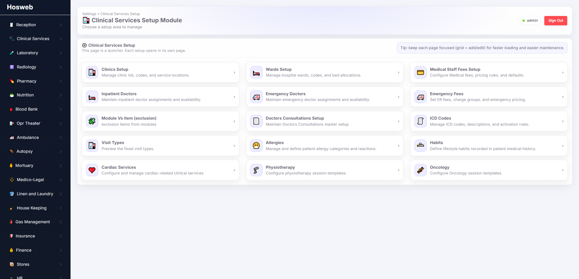 Hosweb Clinical Services Setup screen