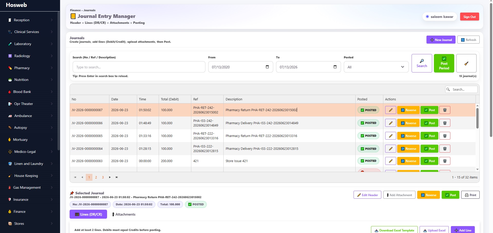 Hosweb finance journals screen