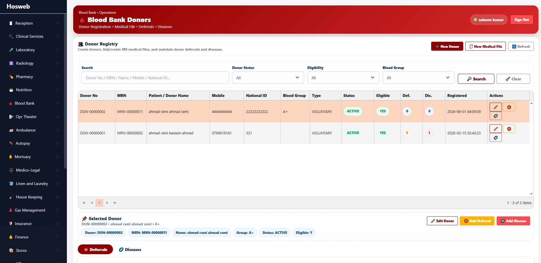 Hosweb blood bank screen