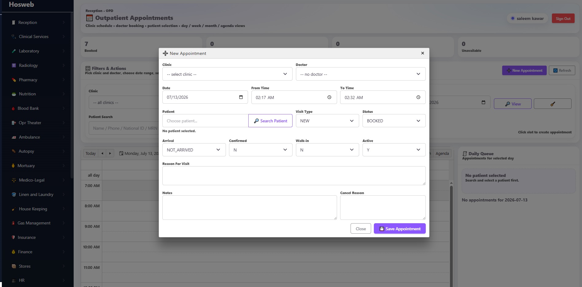 Hosweb appointments screen