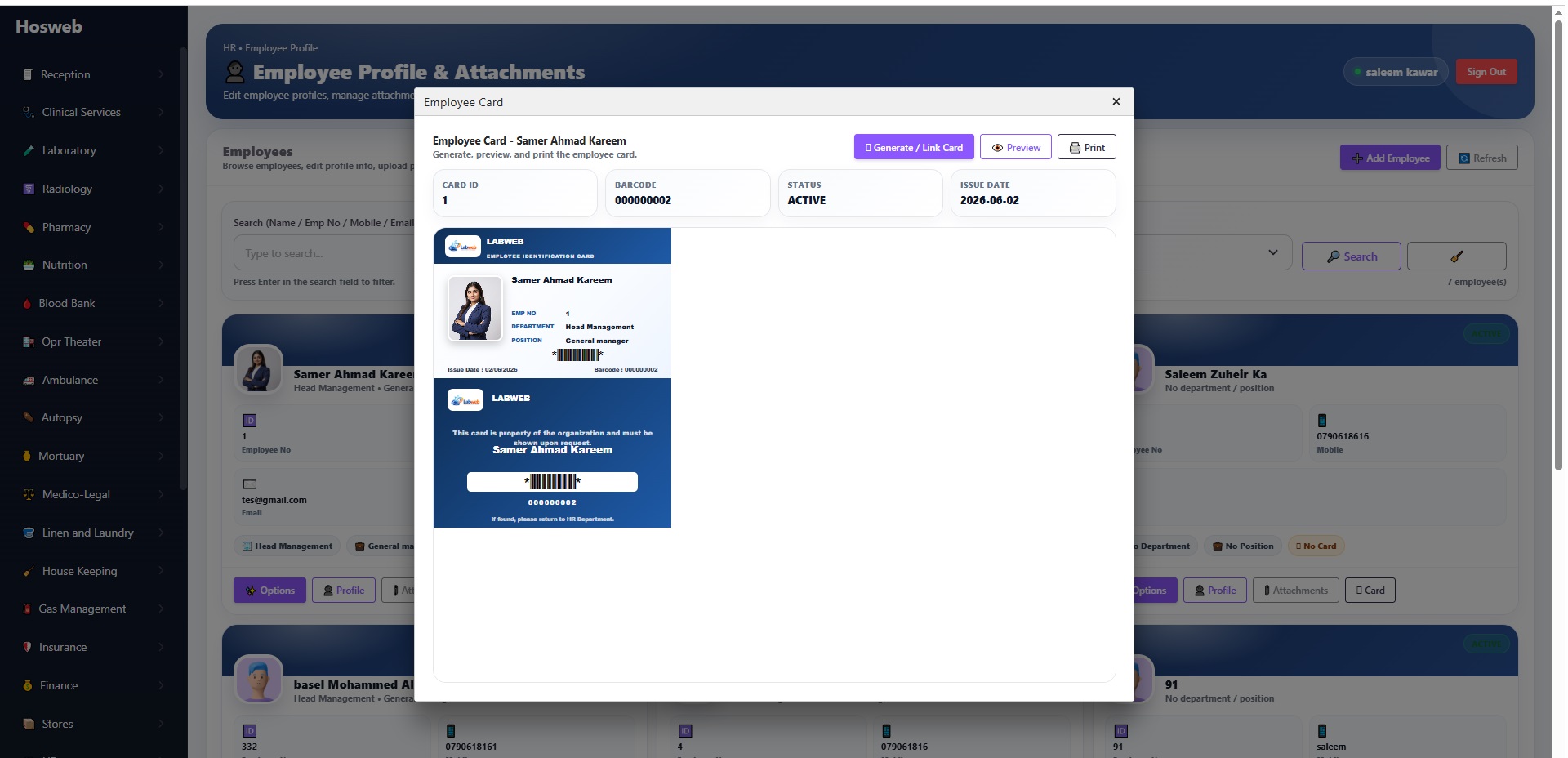 Hosweb employee cards screen
