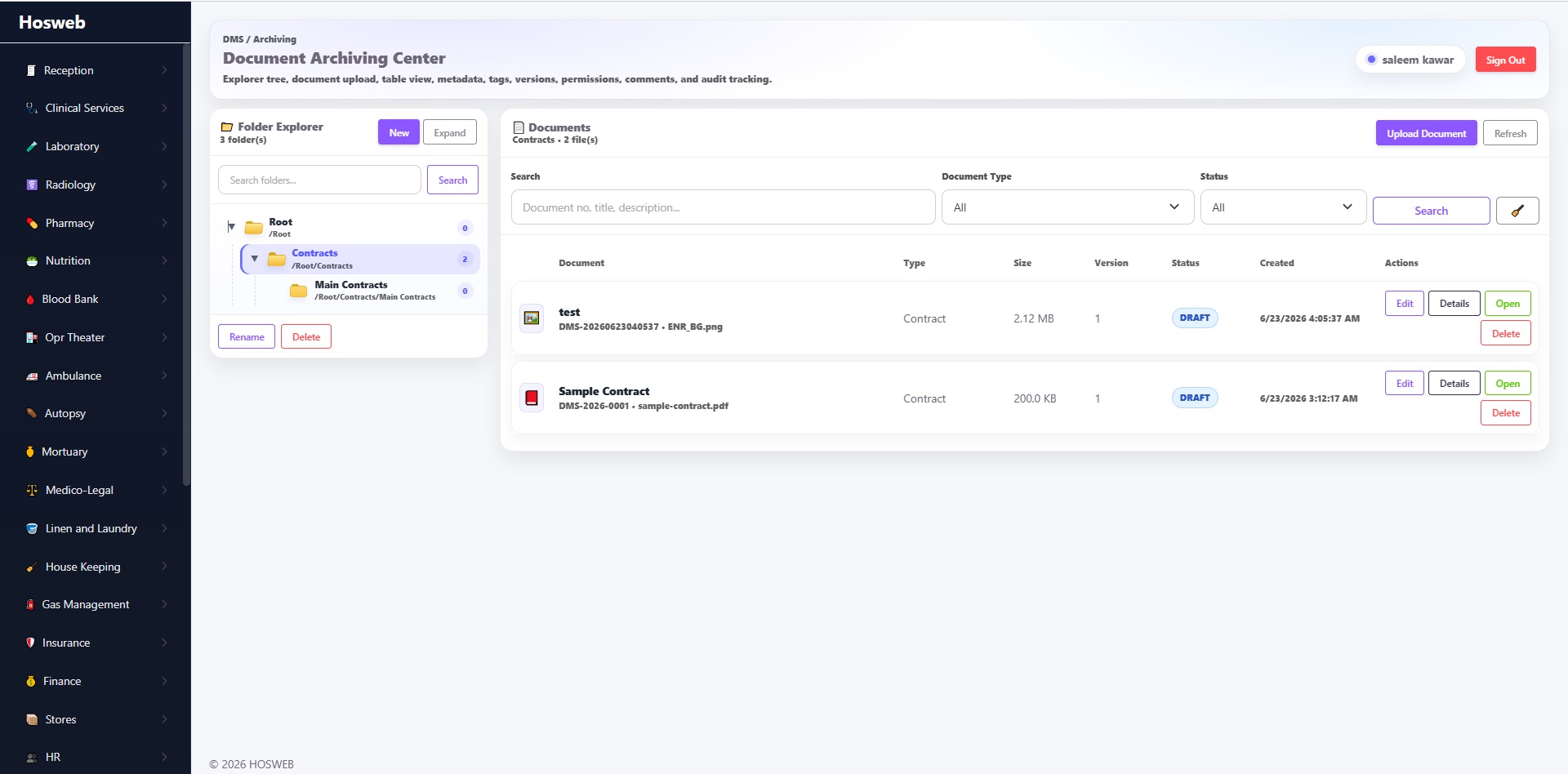 Hosweb operations management screen