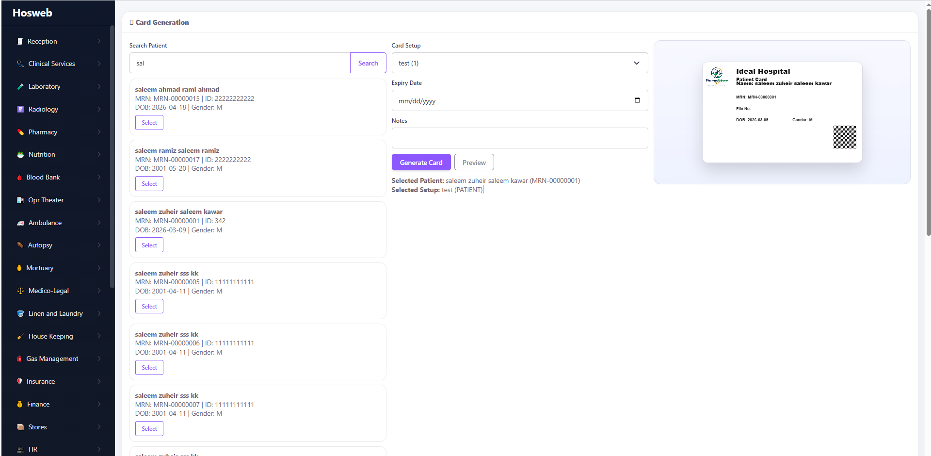 Hosweb patient card generation screen