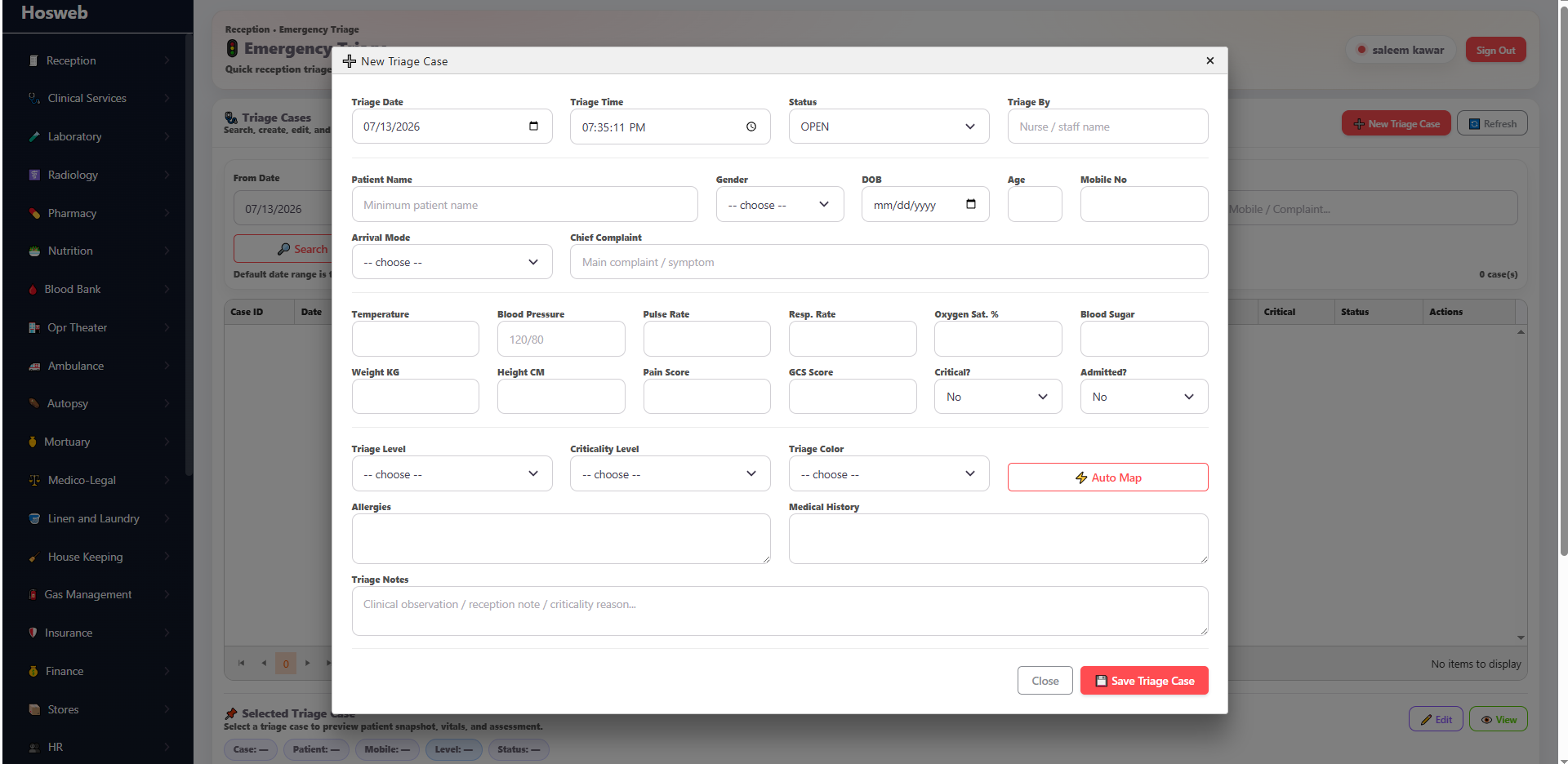 Hosweb triage screen
